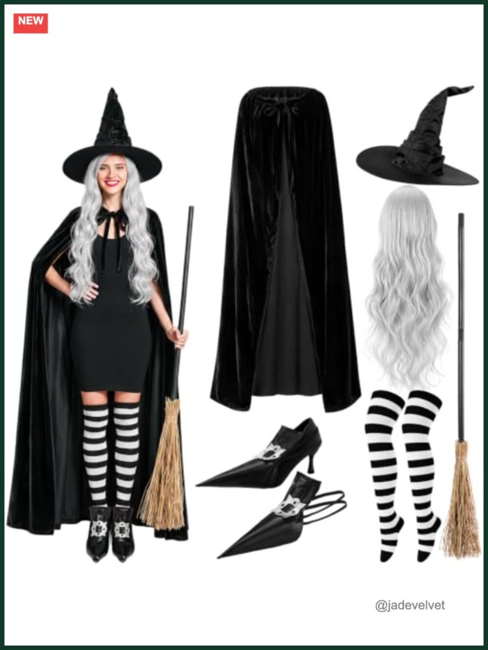Ramede 6 Pc Witch Costume Set Velvet Cape Hat Broom Wig Tights